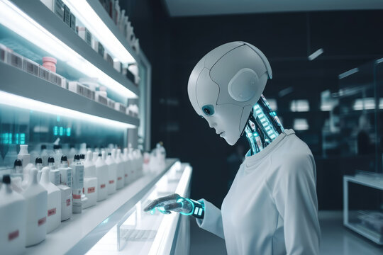Female humanoid robot working in a pharmacy, 3D rendering. The concept of virtual assistant in drug administration,  medicine or healthcare, generative ai