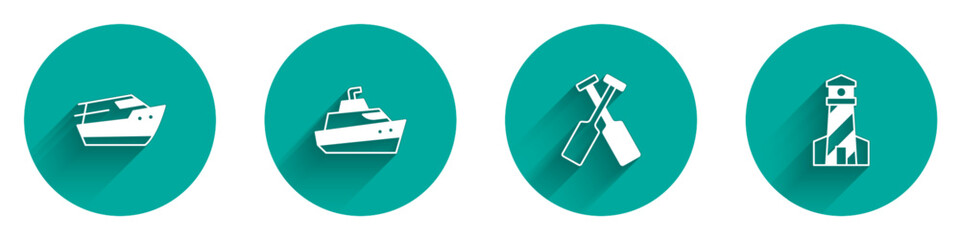 Set Speedboat, Crossed oars or paddles and Lighthouse icon with long shadow. Vector