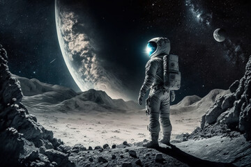 Amazed astronaut on the moon surface watches another planet. Space and universe exploration concept. Ai generated