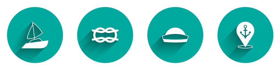 Set Yacht sailboat, Nautical rope knots, Sailor hat and Location with anchor icon with long shadow. Vector