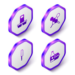 Set Isometric Coffee cup to go, Meatballs on wooden stick, Knife and Online ordering food icon. Purple hexagon button. Vector