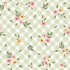 Seamless Pattern with Flower and Leaves.Ditsy print. Floral pattern on retro green Gingham Check background. Design for fashion prints, textile, background, wallpaper, wrapping, fabric and more