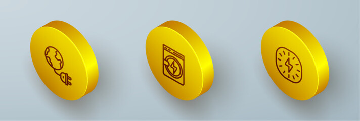 Set Isometric line Global energy planet with plug, Washer and Lightning bolt icon. Vector