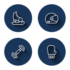 Set line Skates, Racing helmet, Dumbbell and Boxing glove with long shadow. Blue circle button. Vector