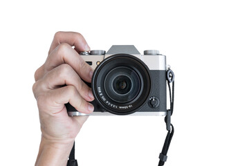 Hand holding vintage camera shooting front view isolated on transparent background - Powered by Adobe