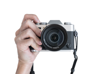 Hand holding vintage camera shooting front view isolated on transparent background