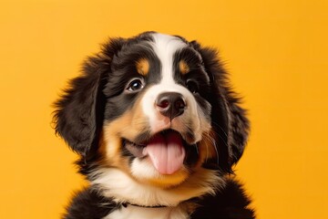 Posing Berner Sennenhund puppy. On a yellow background, a cute puppy or other pet is playing. appears excited and fun. studio photography. idea of motion, action, and movement. Unoccupied space