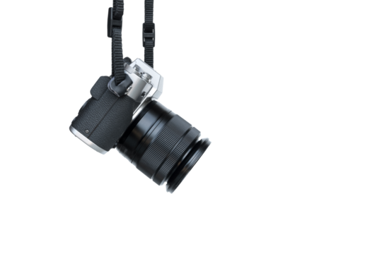 Hanging vintage camera side view isolated on transparent background