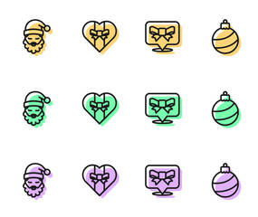 Set line Gift bow, Santa Claus hat and beard, box and Christmas ball icon. Vector