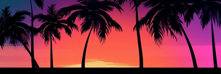 Tropical sunset with palm trees silhouette and beautiful dusk colorful sky background. Illustration AI