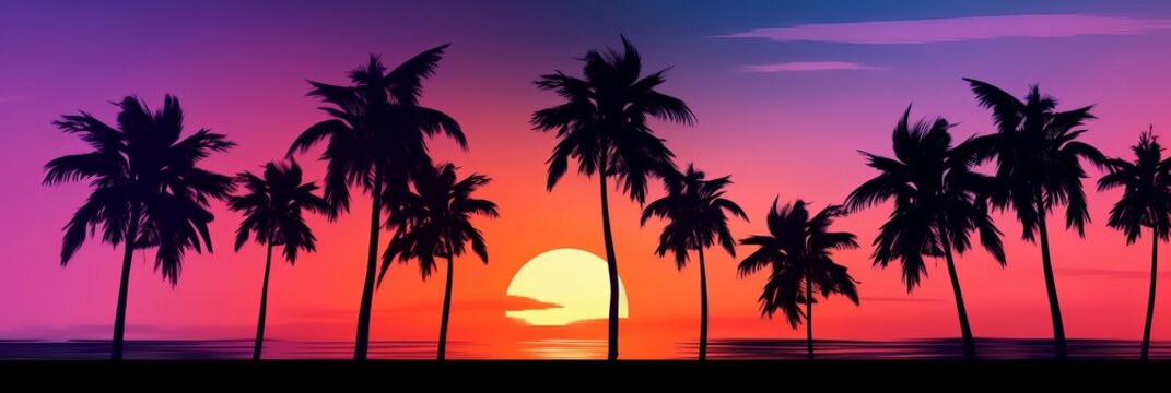 Tropical sunset with palm trees silhouette and beautiful dusk colorful sky background. Illustration AI
