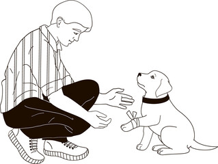 man and puppy with bandaged paw black and white outline illustration on transparent background
