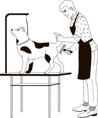 male groomer brushing a big dog black and white outline illustration on transparent background
