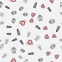 Set line Tube of toothpaste, Broken, Toothache painkiller tablet and Otolaryngological head reflector on seamless pattern. Vector