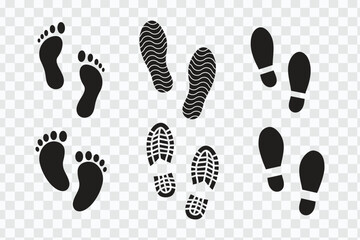 collection of Human walking footprints shoes and shoe sole funny feet footsteps paws people. vector footsteps icon or sign for print, isolated on transparent background. vector icon