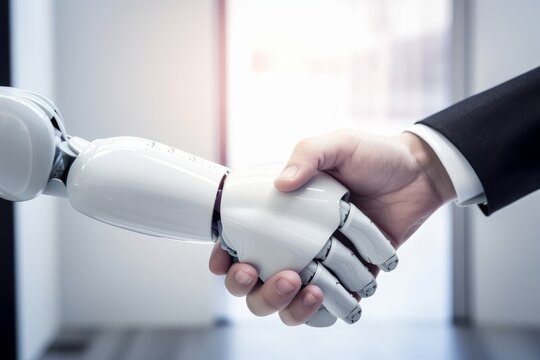 Future Technology Partnership: Human Handshaking Hands with Robot. Generative AI.