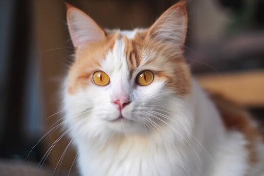 Gorgeous cat in white and red is focusing on the camera. Generative AI