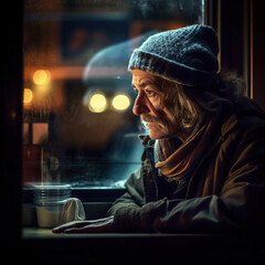 Fototapeta premium Generative AI - A homeless man sitting at a window looking out at the street outside at night time, with a cup of coffee in his hand, cinematic photography, a character portrait, art photo