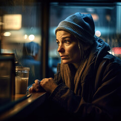 Generative AI - A homeless woman sitting at a window looking out at the street at night with a glass of milk in front of her, promotional image, a character portrait