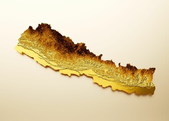 3D illustration of the map of Nepal in a retro style with golden graphics on a light background