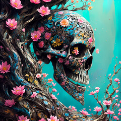 Artsy graphic skull and flowers - Illustration