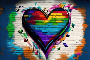 Nice colorful rainbow graffiti heart on the brick wall. LGBTQ. Diversity, tolerance, loving inclusion concept, pride month celebration, pride day. generative AI