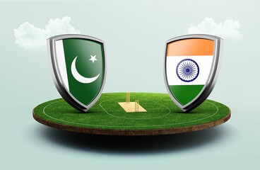 3D illustration of India vs Pakistan cricket flags with shield celebration on a stadium
