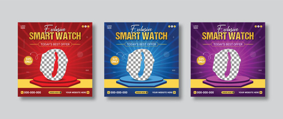 Smartwatch product sale social media banner. Promotional post ad banner template design. Square gadget product banner advertising feed with super collection