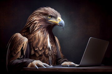 An eagle in a business suit uses a laptop in the office. AI generated
