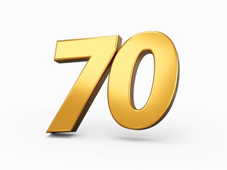 3d rendering of the Golden number 70 isolated on a white background