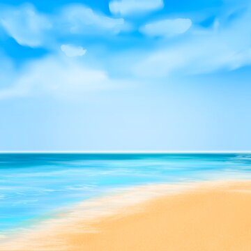 Painting of the sea and sand beach in the sunlight and clouds against a blue sky background.