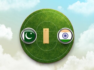 3D illustration of India vs Pakistan cricket flag with Button Badge on stadium