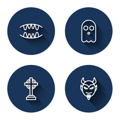 Set line Vampire teeth, Ghost, Tombstone with cross and Devil head with long shadow. Blue circle button. Vector
