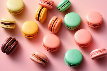 Macarons on pink background. Generative AI.