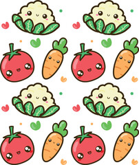 Kawaii vegetables pattern with tomato carrot cauliflower smiling
