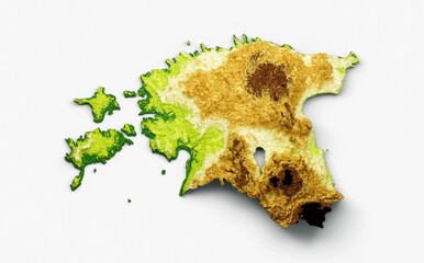 3D render of a shaded relief color height map on Estonia on a white background