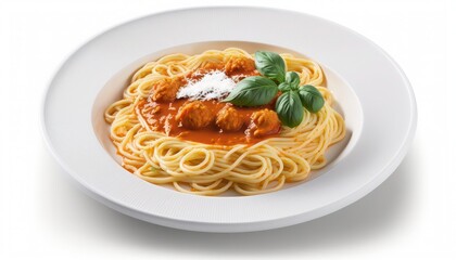 Spaghetti in a dish on white background, generative ai