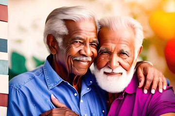 Portrait of two older homosexual men. Seniors gay couples. LGBTQ. Diversity, tolerance, inclusion concept,
pride month celebration, pride day. Elderly, grandfather, old man. Close-up. Ai generative