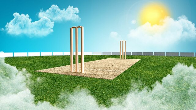 3D render of a cricket field under a blue sunny sky