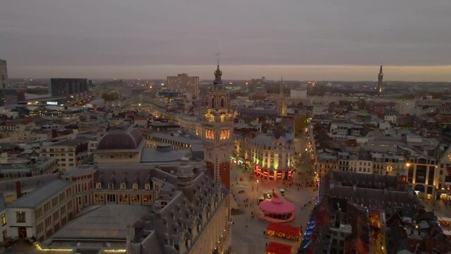 Aerial view of an evening at Grand Place in Lille France