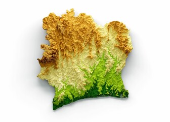 Obraz premium 3d rendering of the Ivory Coast map with shaded relief isolated on a white background.