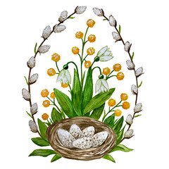 Watercolor illustration of early spring flowers of snowdrops, mimosa, and willow with nest and eggs.Colorful concept for a spring or easter card.