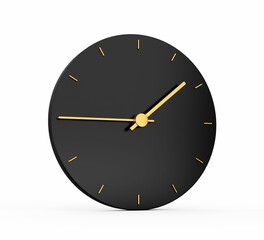 3d rendering of a black and gold clock showing 1:45 time isolated on a white background.