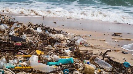 Beach polluted with garbage and plastic waste. AI