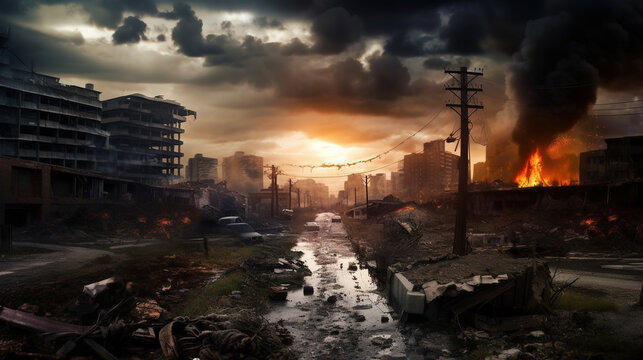 Apocaliptic destroyed city, war consequences. AI