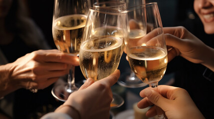 Friends raise glasses of champagne. AI