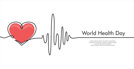 World health day. Continuous one line drawing of heart and pulse on white background.