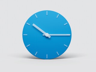 Realistic 3d rendering of a minimal blue wall clock 10:15 o'clock or Ten Fifteen