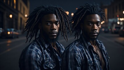 Fototapeta premium Handsome african american young men on the night street in checkered shirt. bokeh background. Ai generative