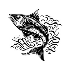 Beautiful and elegant Hand drawn line art illustration of a fish in black and white, showcasing the simplicity and grace of aquatic life